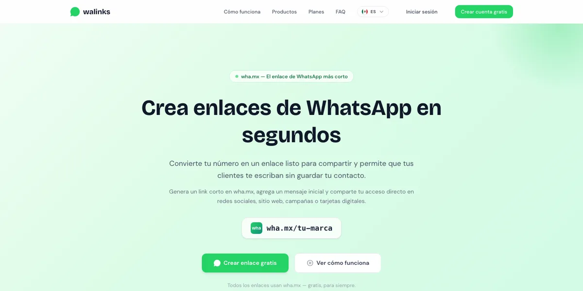 walinks homepage — WhatsApp link generator SaaS built with Laravel